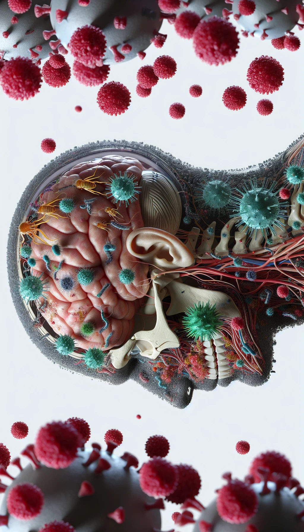 corpo umano anatomico di profilo con virus e parassiti che cercano di attaccarlo , isolato su sfondo bianco, iperrealistico 4k emoji