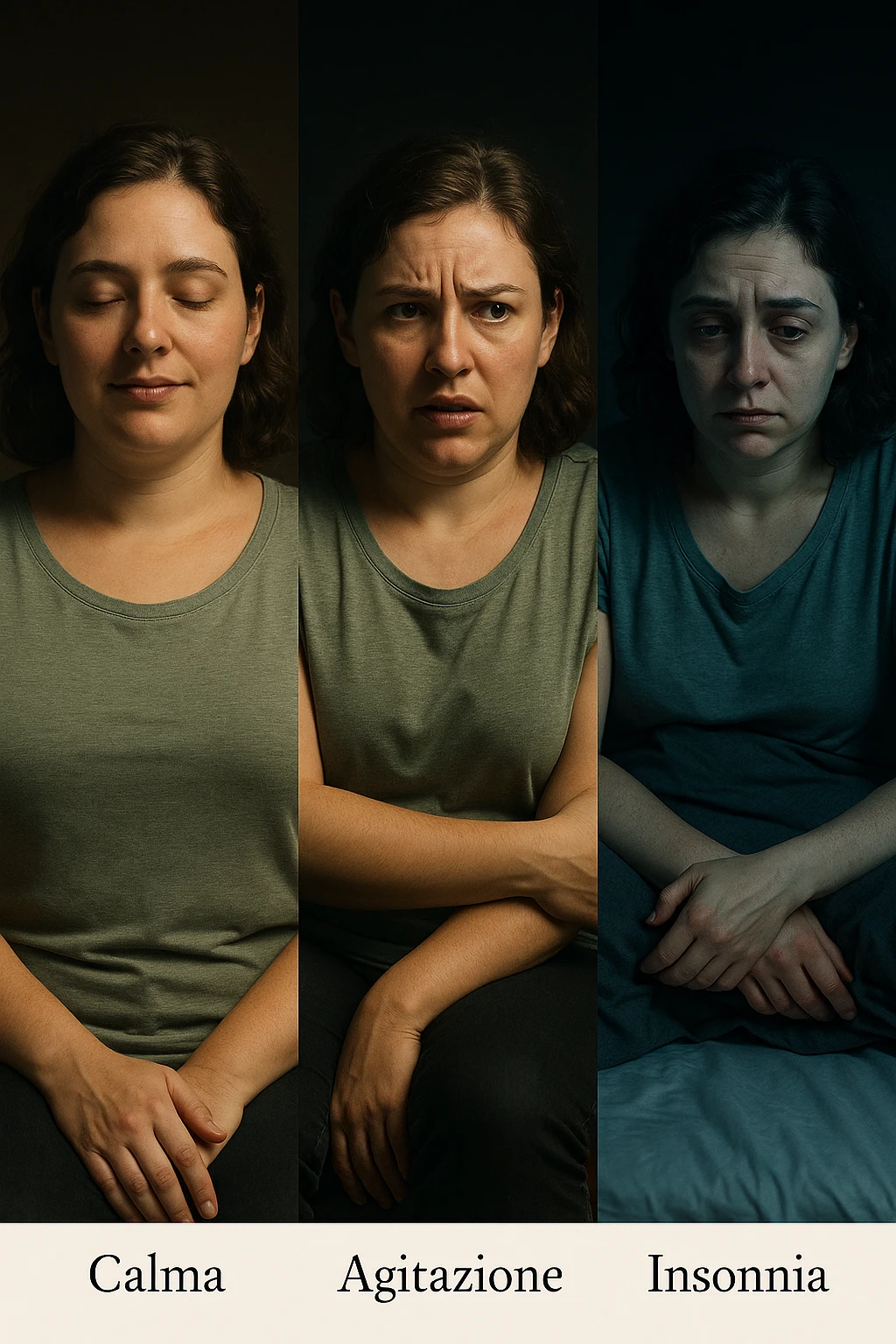 vertical realistic cinematic image in Italian showing the progression of anxiety in a woman with PCOS, from calm to agitation and insomnia, with changing expressions and posture. Dramatic clinical lighting, Italian captions, aspect ratio 2:3. emoji