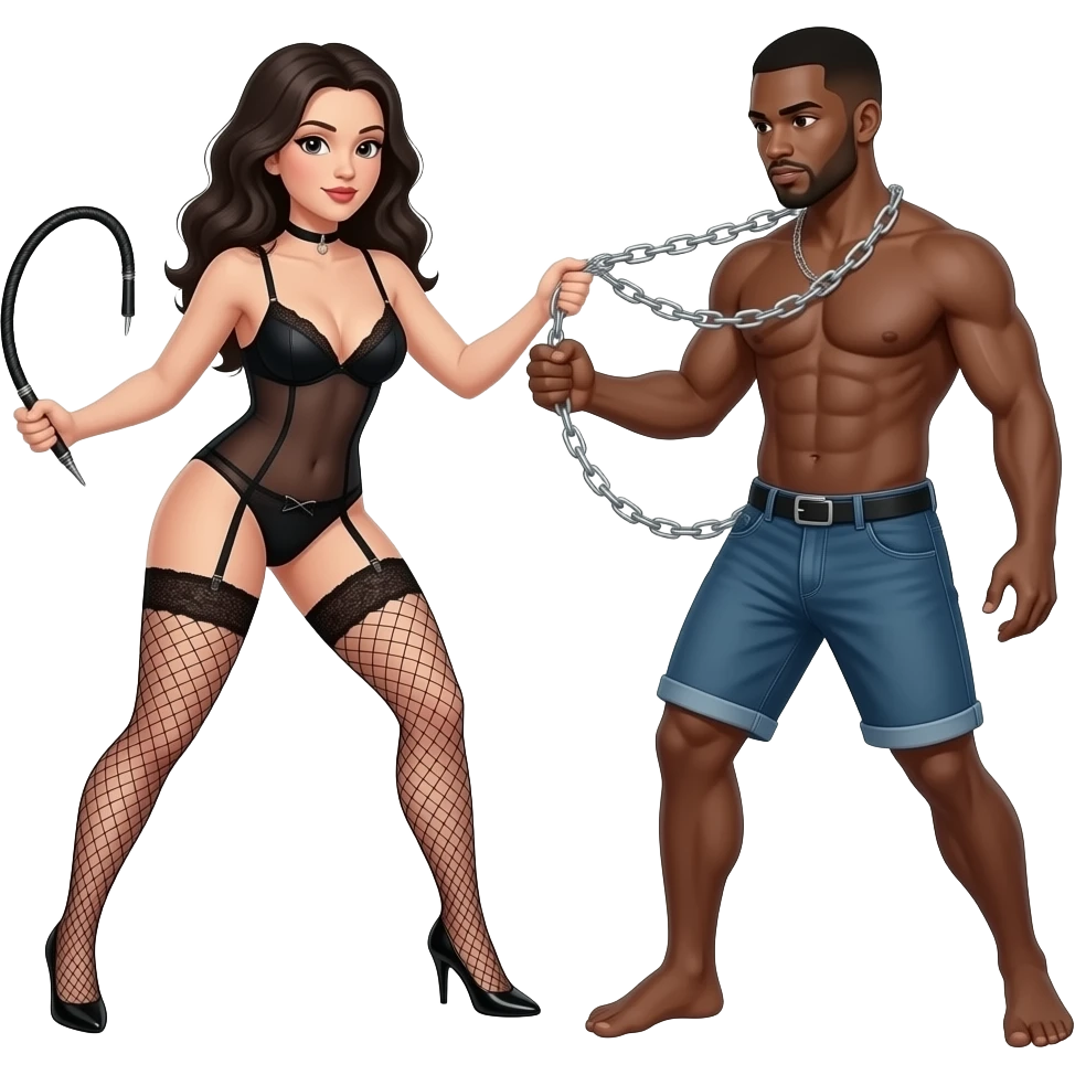 A black lady in lingerie with whips and chain beating a naked, black man emoji
