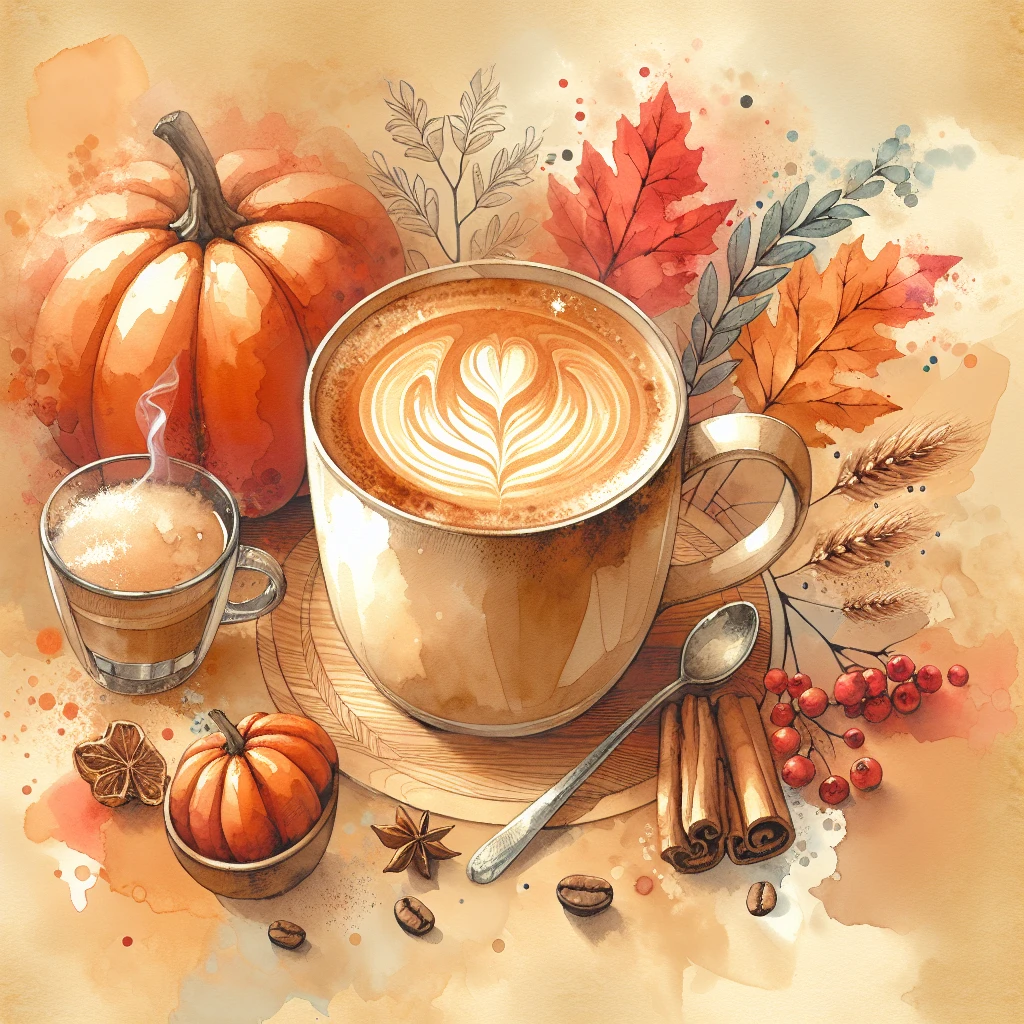 coffee latte art seamless background, pumpkin spice latte, creamy brown and orange tones, cozy autumn café vibe, watercolor effect emoji