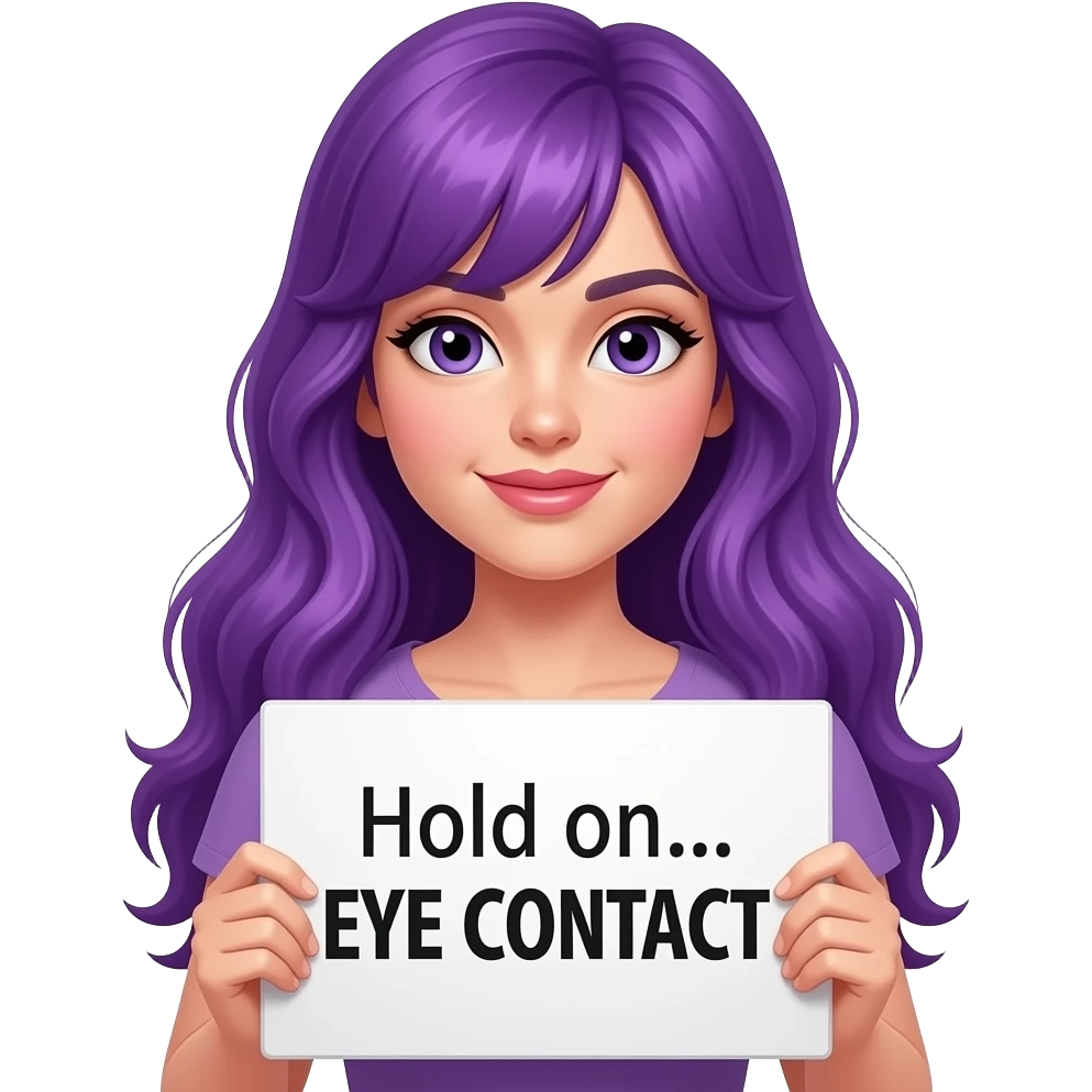sexy girl with long purple hair holding a Hold on... EYE CONTACT sign emoji