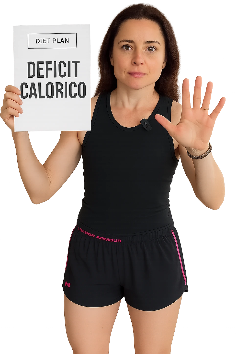 Donna con in mano una dieta con scritto "Deficit Calorico" emoji