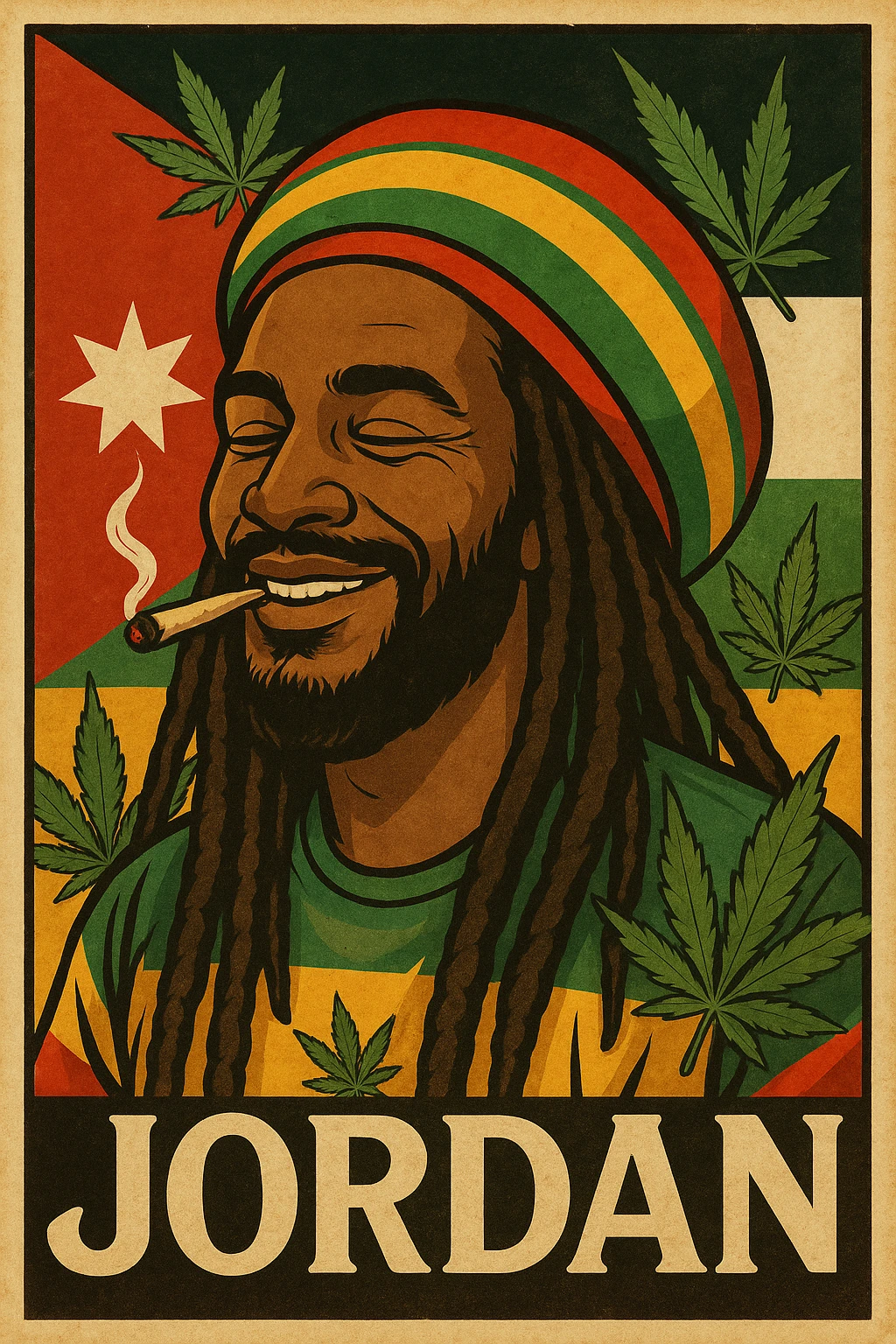 A digital vintage-style poster illustration of a Jordanian Rasta man with dreadlocks, wearing a red, yellow, green striped tam hat. He is smiling peacefully with a lit herbal spliff in his mouth. The background features the official Jordan flag — black, white, green horizontal stripes with a red triangle and a white 7-point star — accurately displayed behind him. Cannabis leaves are tastefully arranged around the composition, and the poster includes Rasta color textures blended with the Jordanian palette. Use a retro poster style with warm, slightly aged textures, bold outlines, and soft shading to evoke a soulful reggae vibe that honors both Jordanian pride and Rasta spirit. The mood is chill, powerful, and respectful emoji