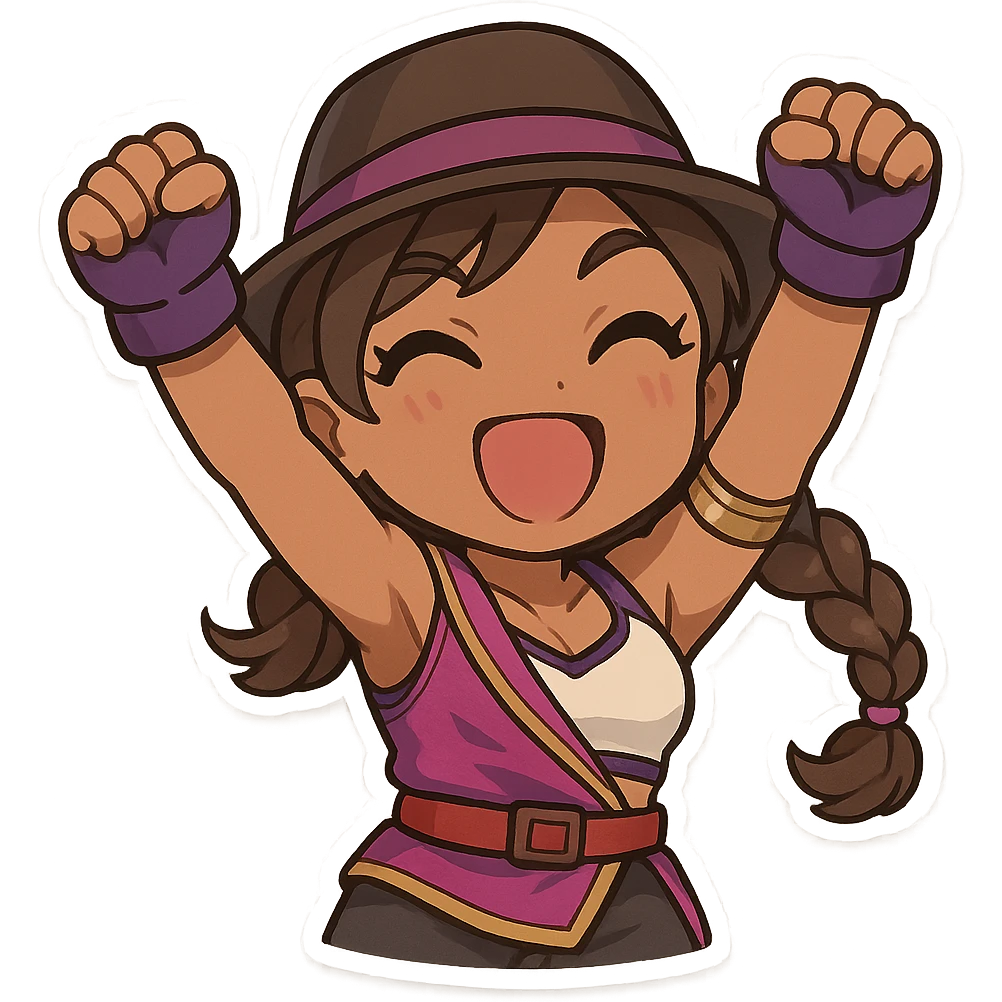 Azucena from Tekken 8, excited pose with both hands raised, energetic emote style emoji