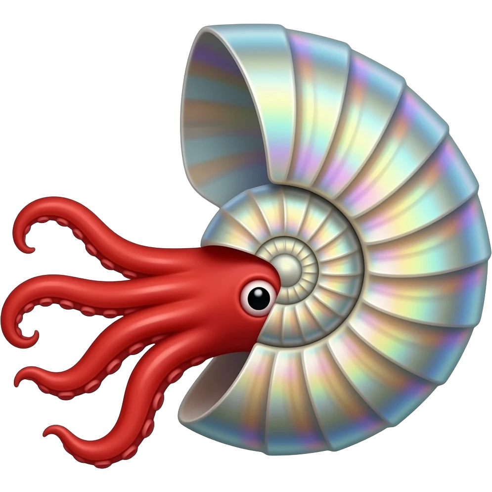 iridescent ammonite shell with red squid tentacles pointing left from the outside left emoji