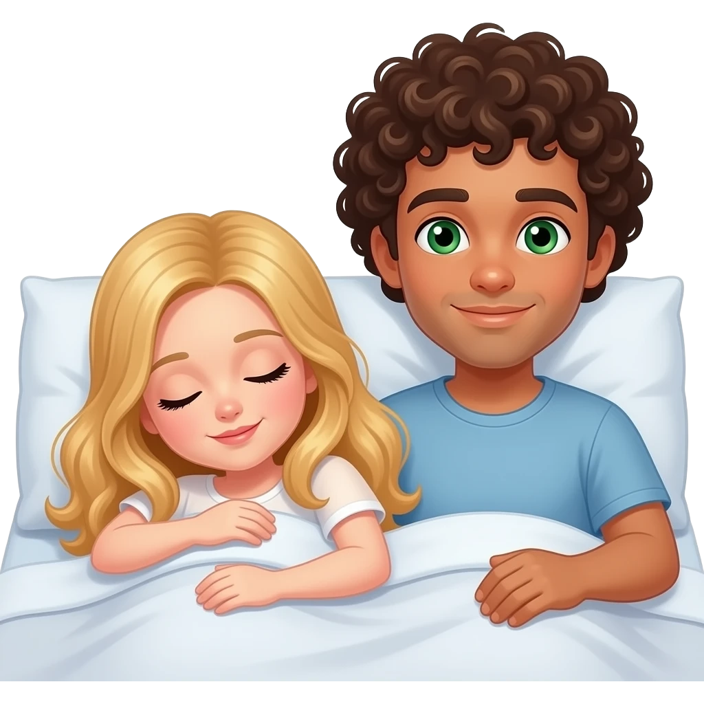 White girl blonde long hair sleeping in bed with browner guy curly hair green eyes emoji