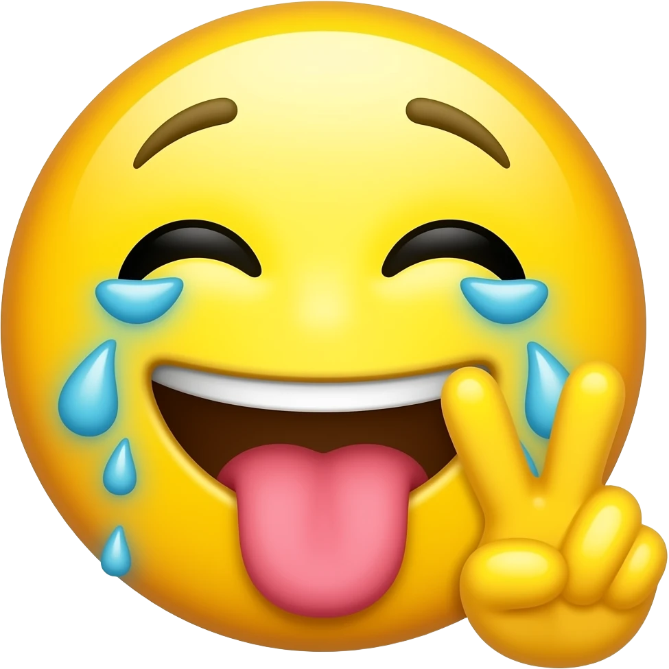 yellow round emoji crying with tongue and peace sign emoji