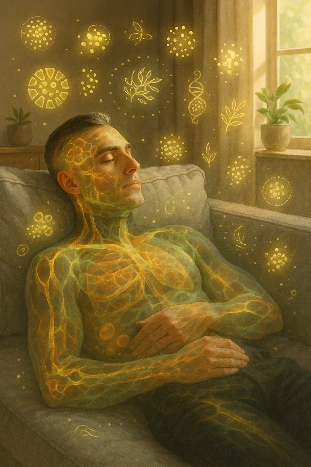 Uomo sdraiato su un divano nel primo pomeriggio, mentre fa un breve riposino. Il suo corpo appare parzialmente trasparente o stilizzato, con luce calda e flussi energetici dorati e verdi che scorrono attraverso muscoli, cervello, e organi. Intorno a lui si vedono piccoli simboli di rigenerazione: cellule che si rinnovano, tessuti che si illuminano, aura rilassata. L'ambiente è calmo e ordinato, luce naturale che entra da una finestra, atmosfera rigenerante, stile iperrealistico con accenti metaforici. emoji