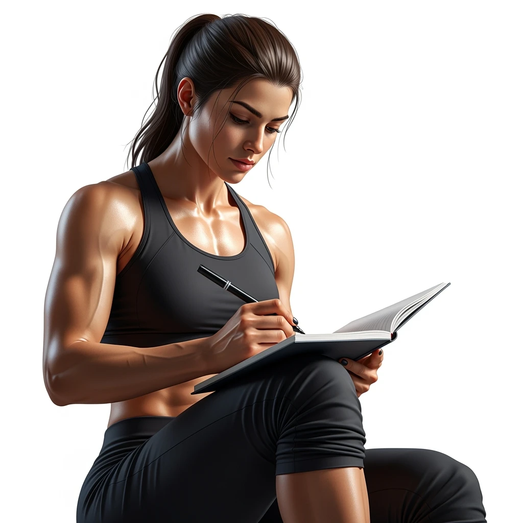 DONNA FITNESS ITALIANA CHE SCRIVE SULLA SUA AGENDA, IPERREALISTICA 4K, ISOLATA SU SFONDO BIANCO emoji