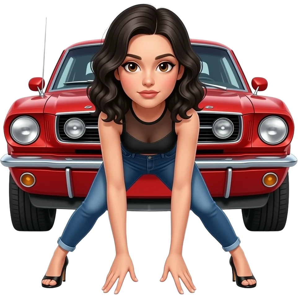 Girl with pale skin and wavy, jet-black hair and brown eye, standing hunched forward, looking straight ahead in front of a red 1968 Ford Mustang coupe. Girl wearing a sheer black sleeveless top, jeans, heels with visible toes. Her legs are spread apart, fingers touching her toes. emoji