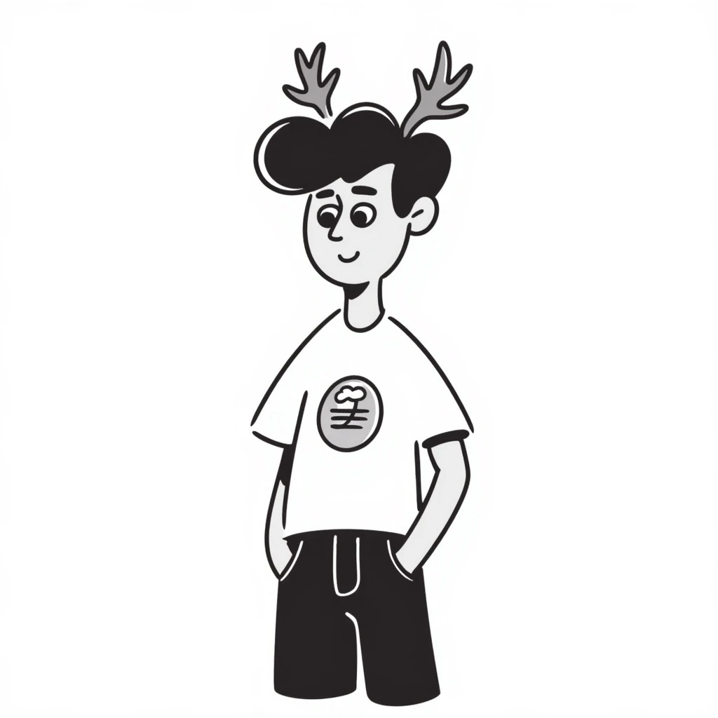 A casual guy with deer antlers, wearing a t-shirt and jeans, with a sad or thoughtful facial expression, neutral background, no snow emoji