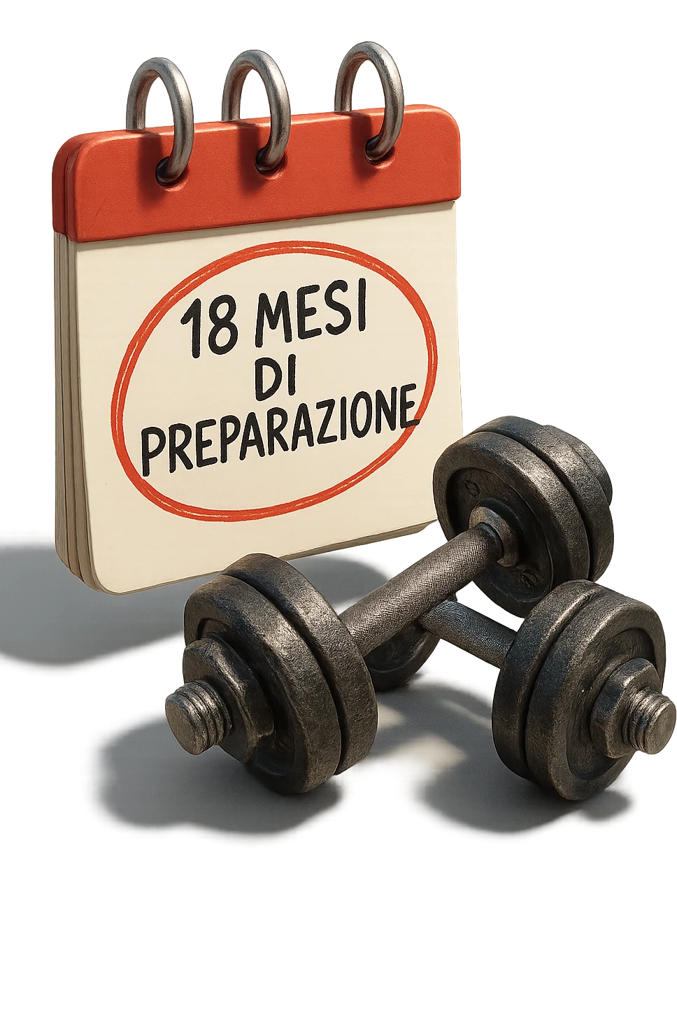 foglio di calendario con manubri da palestra disegnati e la scritta a penna "18 MESI DI PREPARAZIONE" CERCHIATA IN ROSSO, FALLO MOLTO REALISTICO IN 3D emoji