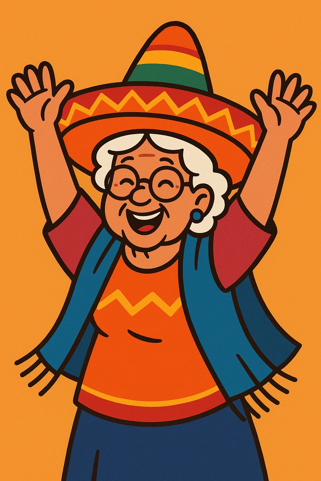 happy grandmother in a colorful sombrero, arms up, festive mood emoji