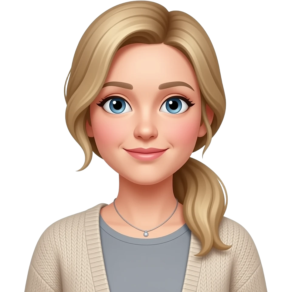 pink cheeks, smaller Blue eyes, light skin, longer blonde/brown hair pony tail, 38 aged women, cardigan, grey top,small necklace, emoji