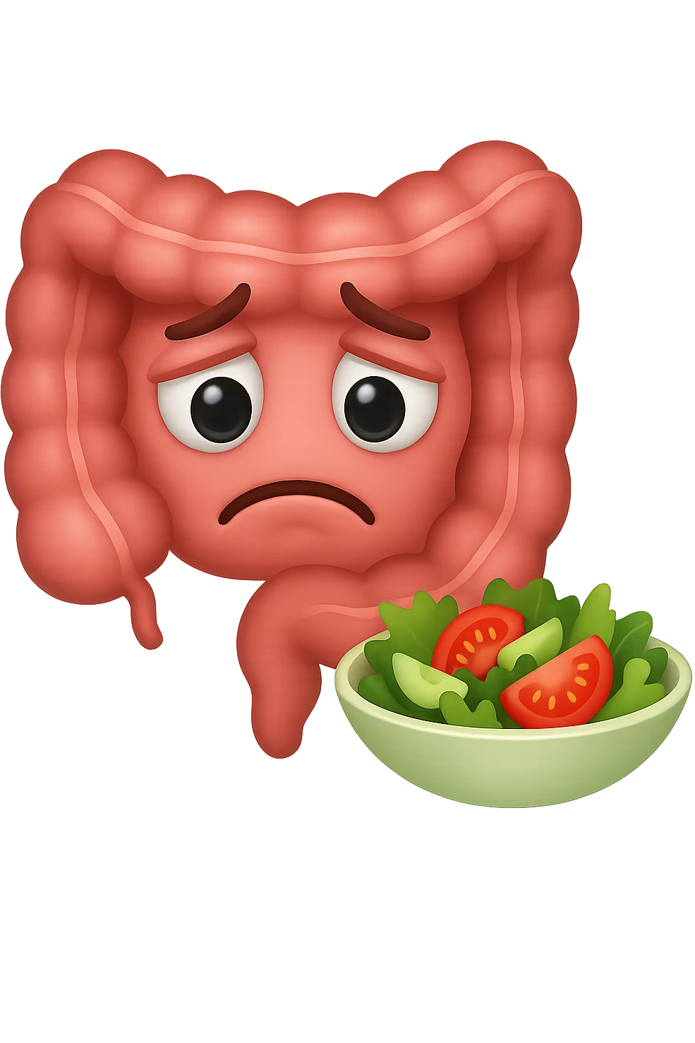 EMOJI STILE IPHONE DI UN INTESTINO UMANO ANATOMICO CHE GUARDA UN INSALATA CON ESPRESSIONE TRISTE E RASSEGNATA IN VOLTO: SOFFRE LA FAME PERCHé è A DIETA, FAGLI ANCHE LA PARTE BIANCA DEGLI OCCHI, NON SOLO LE PUPILLE emoji