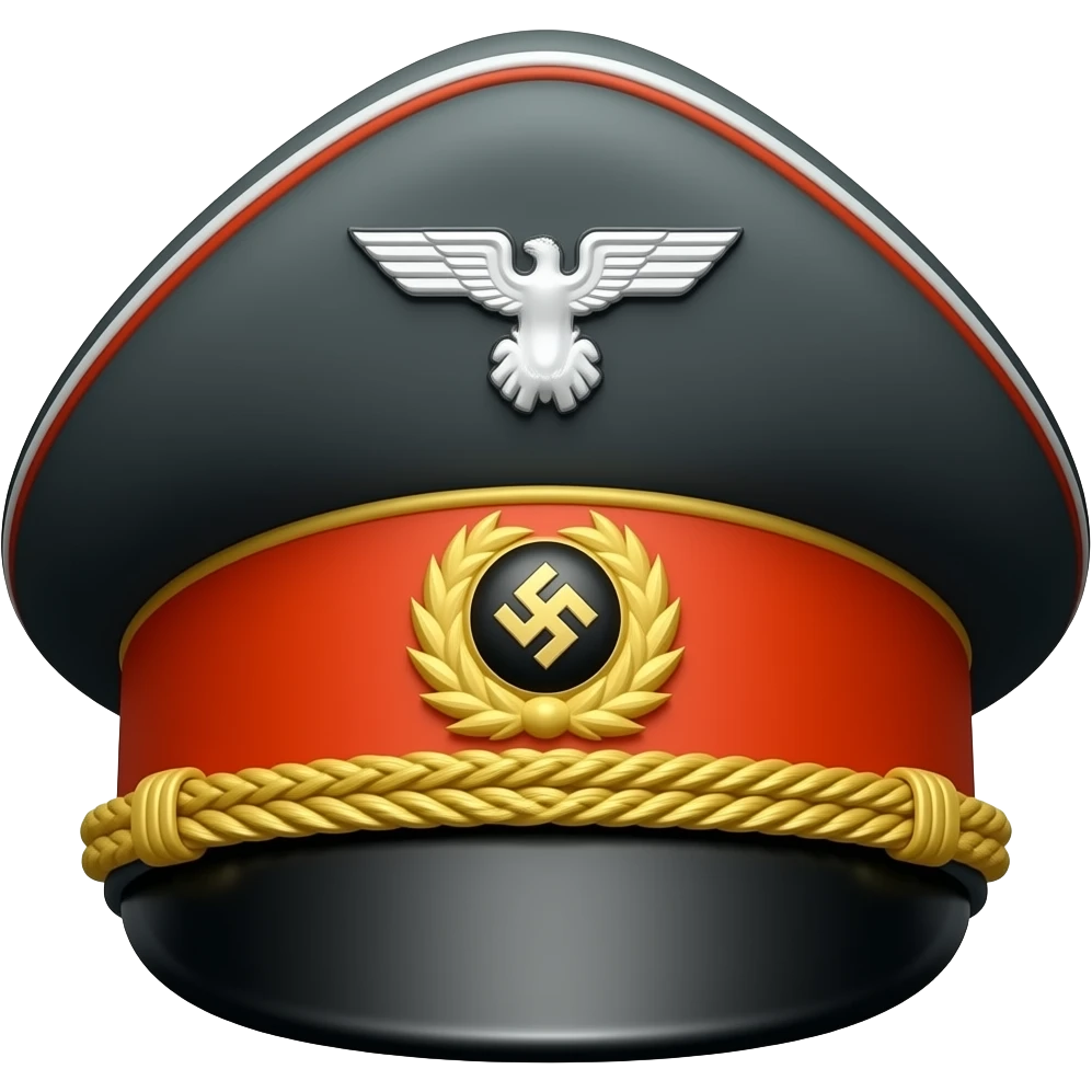 flat black shiny Nazi Kepi hat with pastel orange and goldaccents emoji