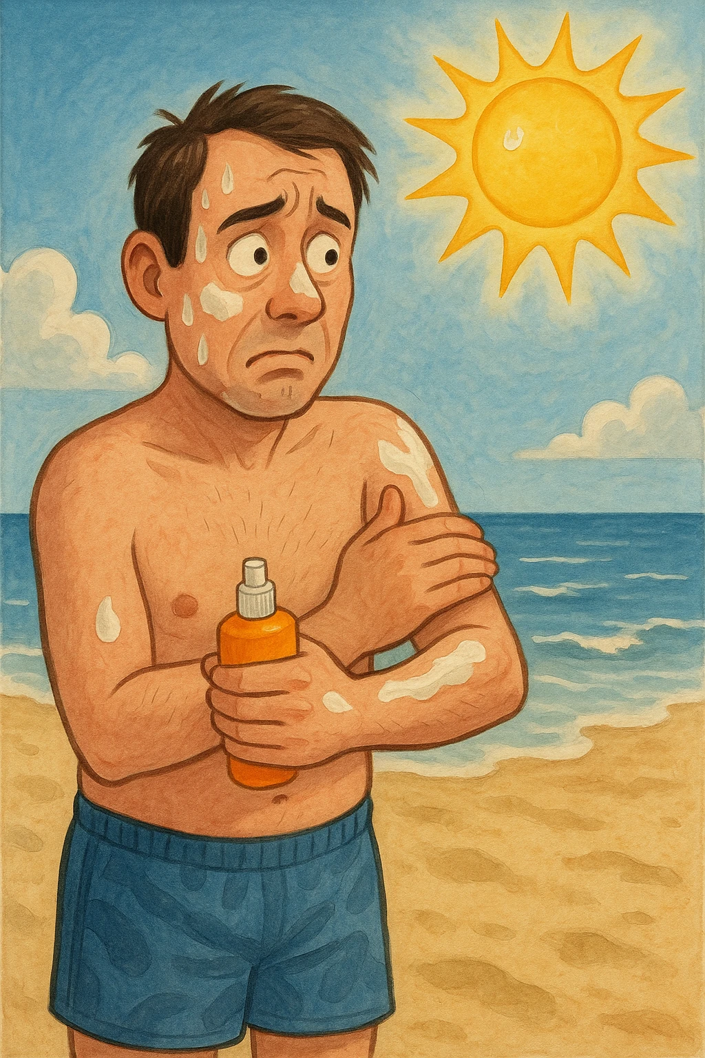 uomo a mare che si mette la crema solare perchè ha paura del sole emoji