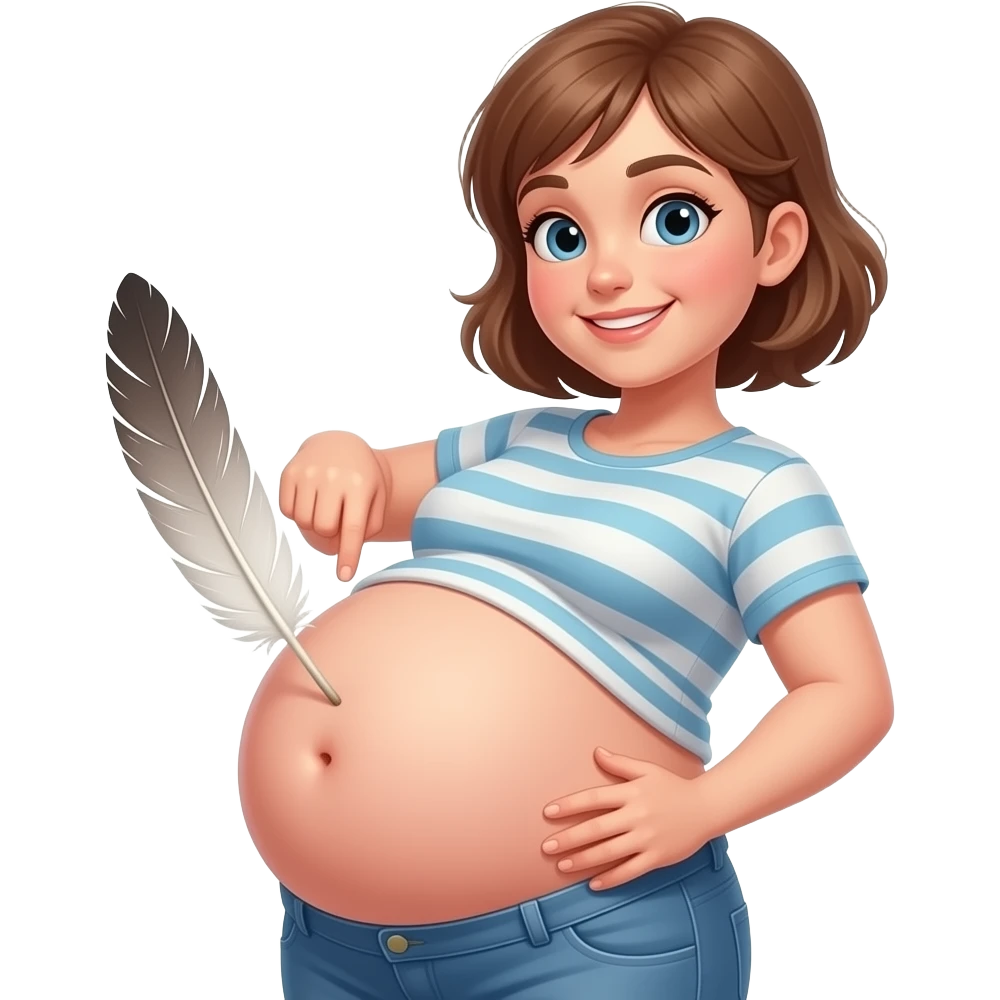 A girl with a huge bloated belly,now faces a battle with a feather that wants to tickle her bellybutton. emoji