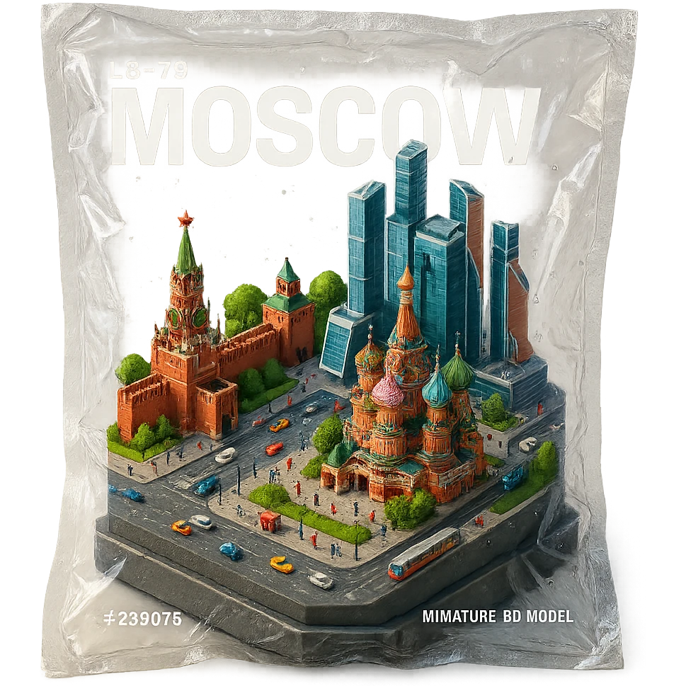 Изометричная миниатюрная 3D модель Москвы на подставке - фотореалистичный Кремль, собор Василия Блаженного, фотореалистичный Башни Москва-Сити, аккуратная детализация, яркие цвета, мультяшный реализм, гуляют люди и современный автотранспорт и метро, компактная композиция, вид сверху в изометрии emoji
