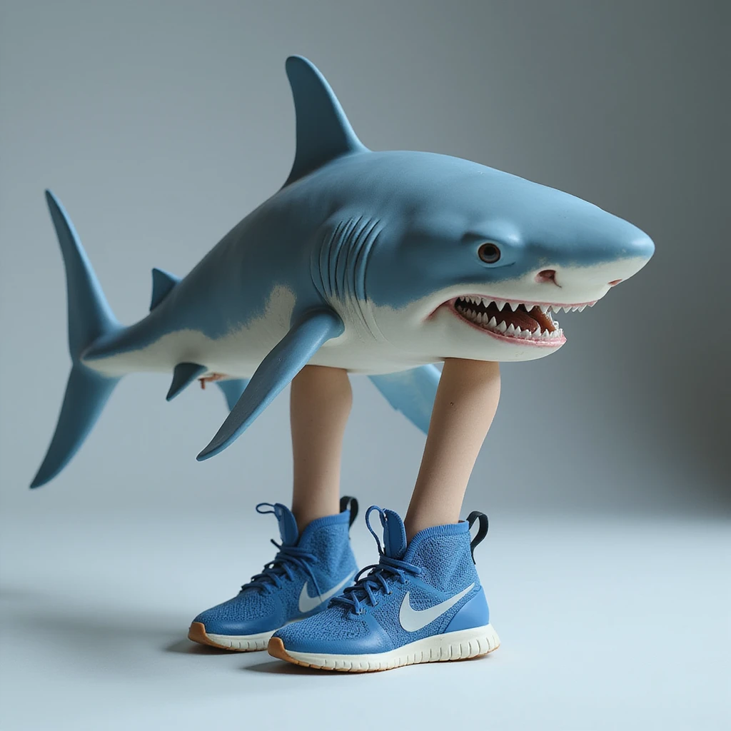 realistic shark with human legs wearing blue Nike sneakers, photorealistic style emoji