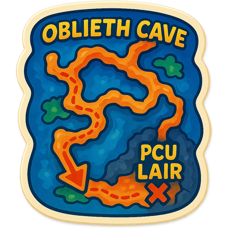 a hand drawn map of how to navigate the Oblieth cave system to find the PCU Lair emoji