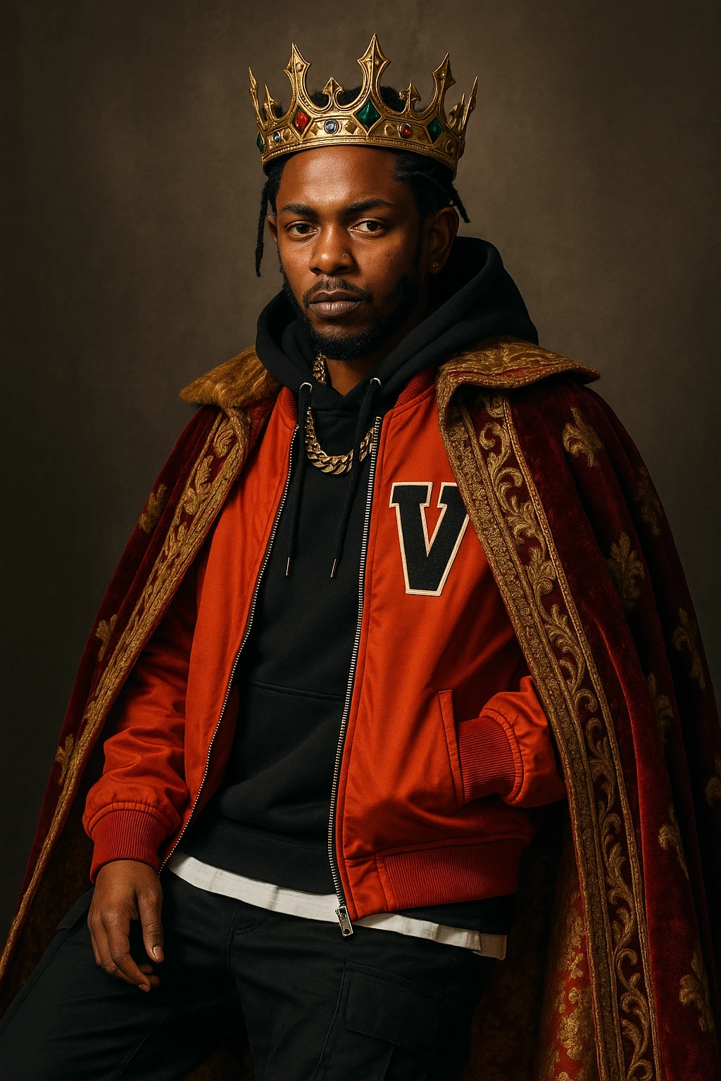 Kendrick Lamar as a modern king, streetwear mixed with royal elements, crown, confident pose, bold and stylish emoji