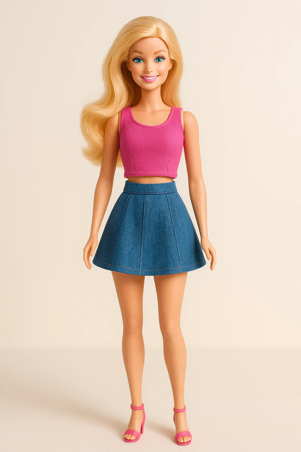 classic blonde Barbie doll, full body, iconic style, cheerful expression, modern fashion, soft lighting emoji