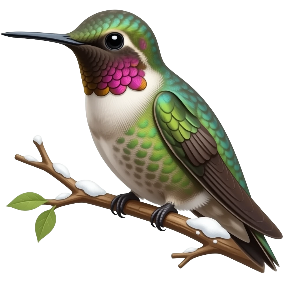 A hummingbird with a bit of snow on the hummingbird's body on a tree branch emoji