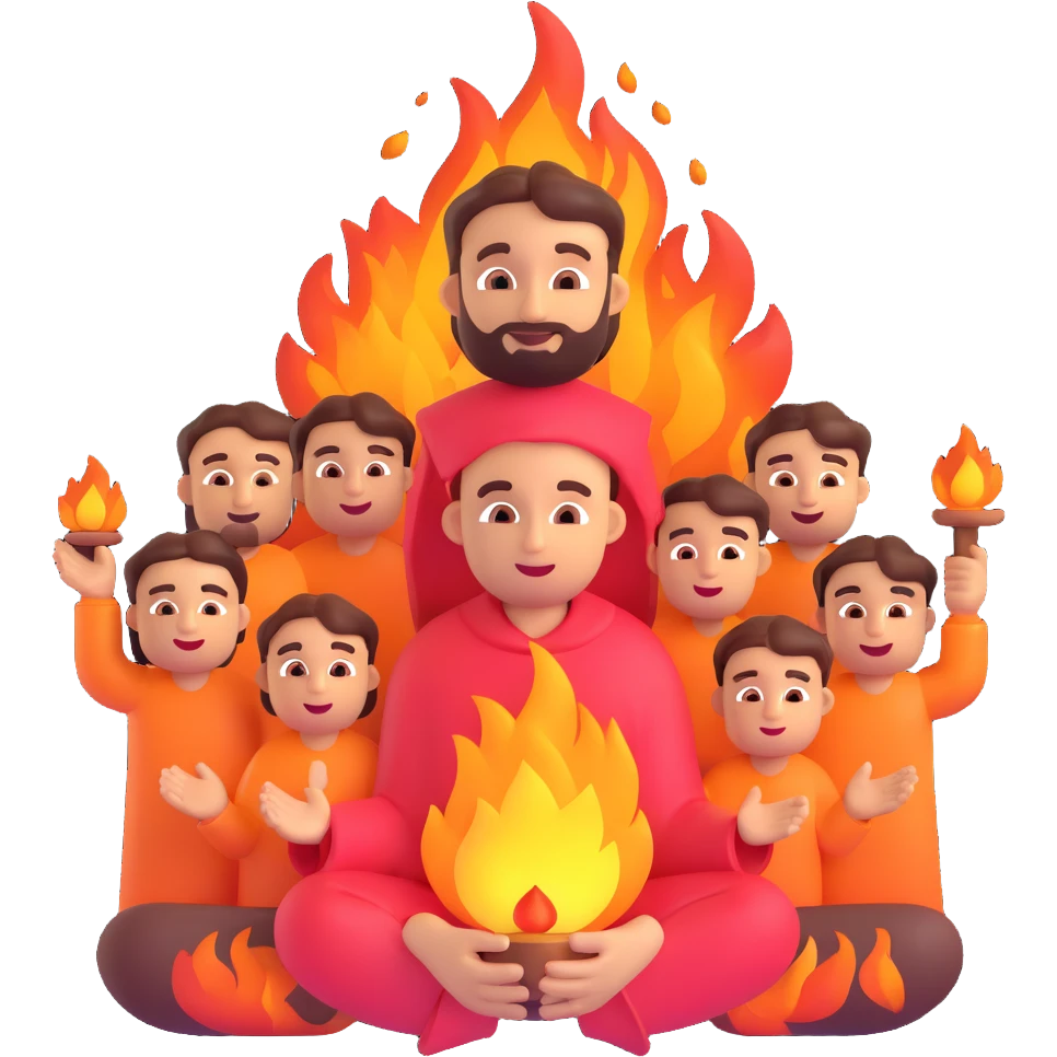 stylized emoji of Rakesh as a divine leader surrounded by fire, holding a 1 lakh reward, with five smaller people below looking up in devotion, symbolizing his new role as COO and the team's respect emoji
