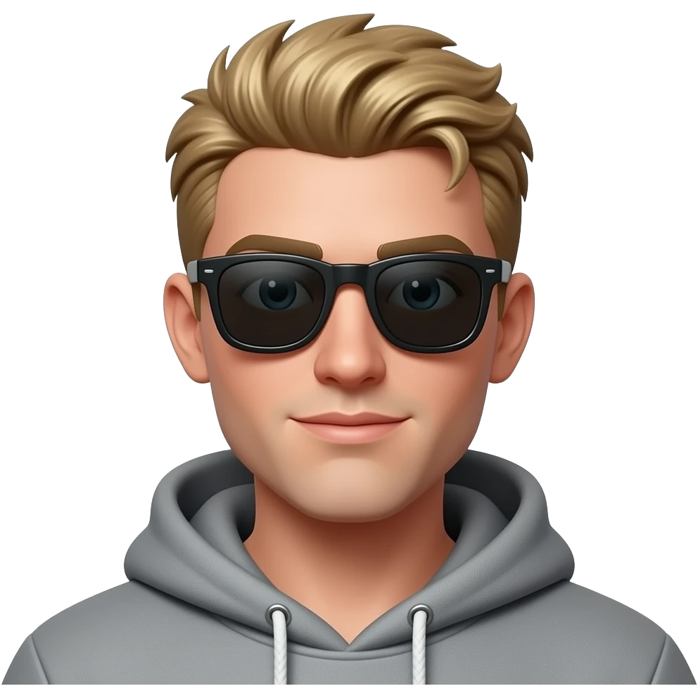 Extreme close-up Apple Memoji, young man with blonde textured hair, black sunglasses, grey hoodie, 3D high quality, focused on face, head and shoulders only. emoji