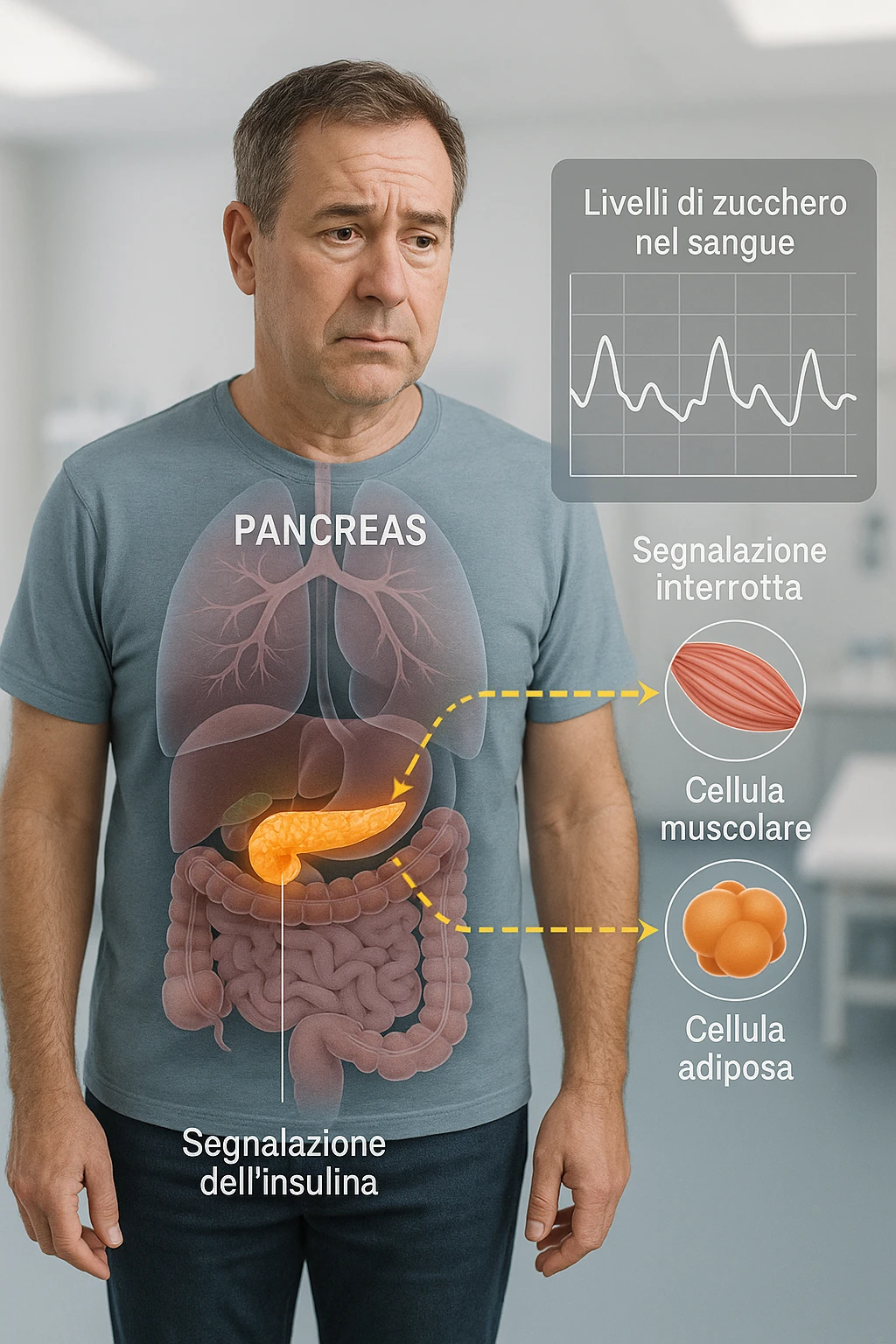 a middle-aged man stands in a clinical setting, with a semi-transparent overlay showing his internal organs. His pancreas is highlighted, and glowing lines or icons indicate disrupted insulin signaling between the pancreas and muscle or fat cells. The man’s expression is slightly concerned, and a digital chart beside him displays fluctuating blood sugar levels. The lighting is realistic, with a clean, modern medical background. scritte in italiano emoji