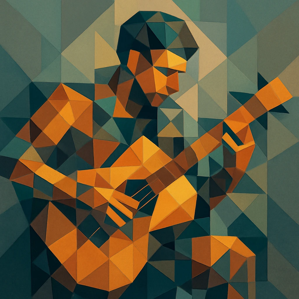 Musician playing a guitar with limbs and strings fractured into overlapping cubes and triangles. emoji