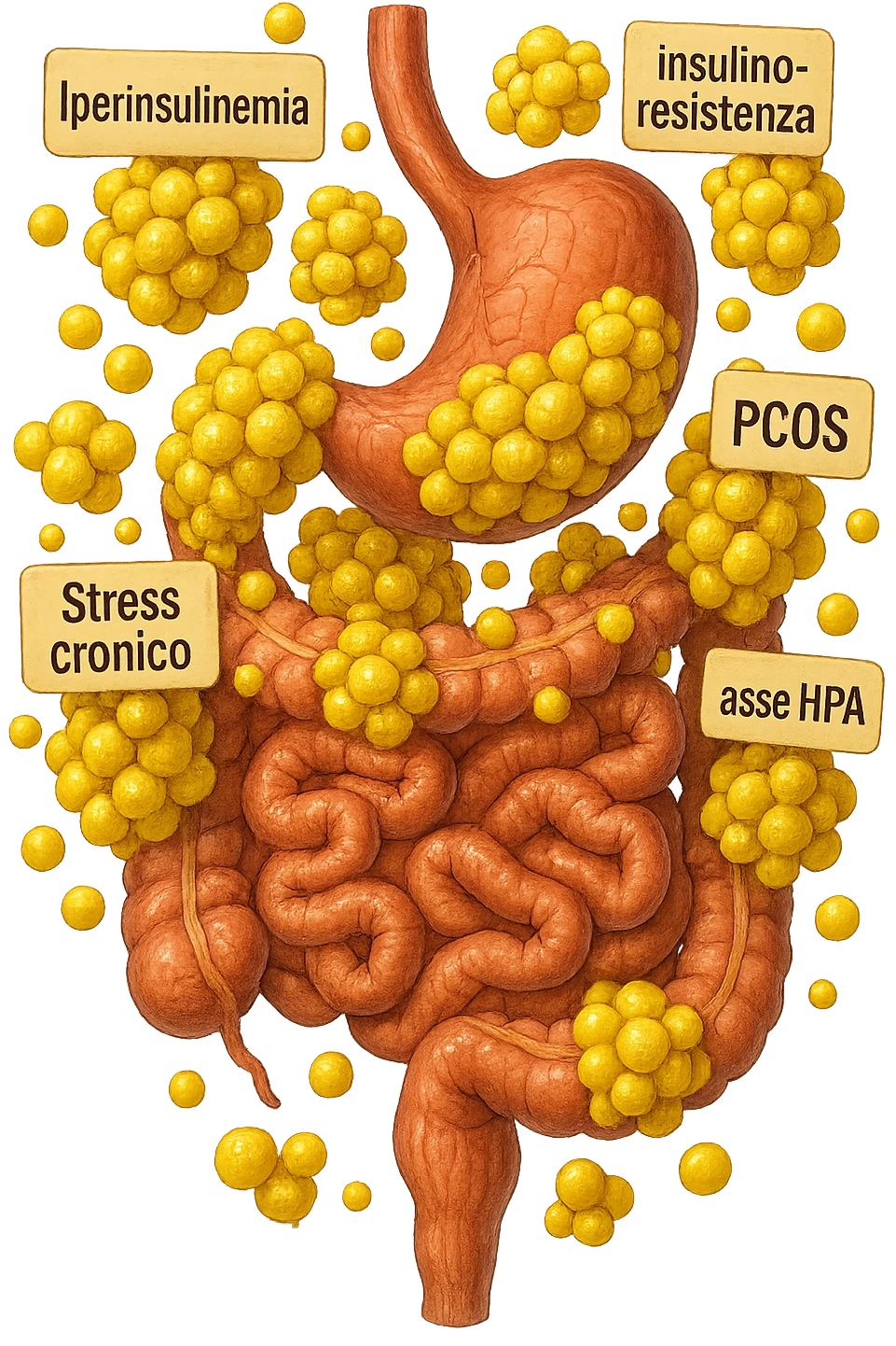 STOMACO E INTESTINO SONO VERTICALMENTE COLLEGATI E INTORNO A QUESTI ORGANI CI SONO CELLULE DI GRASSO GIALLE ATTACCATE SOPRA A GRAPPOLI, intorno fluttuano cellule di grasso giallo e alcune targhette con queste parole "Iperinsulinemia", "insulino-resistenza", "PCOS", "Stress cronico", "asse HPA", IPERREALISTICO 4K emoji