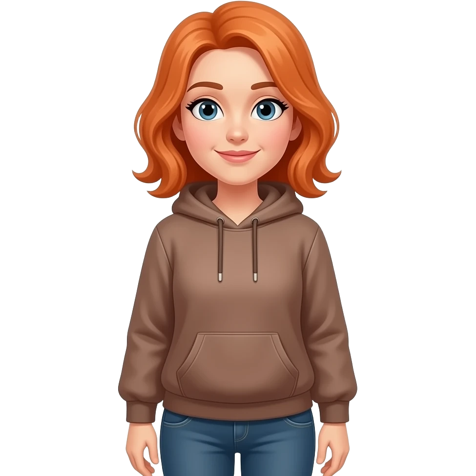 una señora de 38 años con sudadera marron amarangado com pelo amaranjado y pantalonescasuale y que mire sin una sonrisa emoji