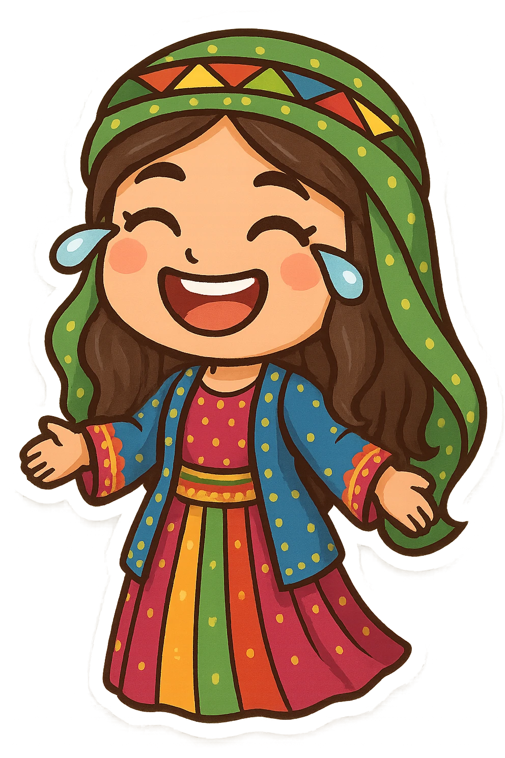 Cartoon sticker of a Kurdish woman wearing traditional Kurdish female clothing, colorful and cheerful, face with a big smile and tears of joy, no text, suitable for WhatsApp and Instagram, transparent background. emoji