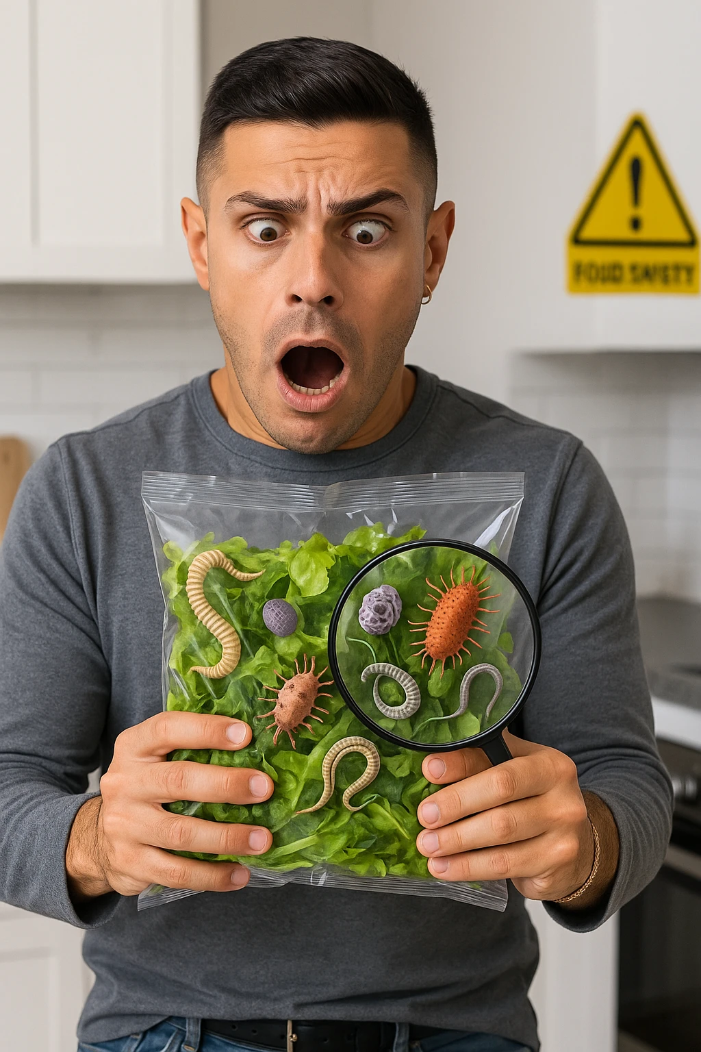 a man holds a bag of salad with both hands, his face frozen in shock as he looks at the contents. Inside the bag, exaggerated but realistic depictions of parasites and bacteria are visible, some highlighted with a magnifying glass overlay. The background is a clean kitchen, and a warning sign appears in the corner to reinforce the message about food safety. emoji