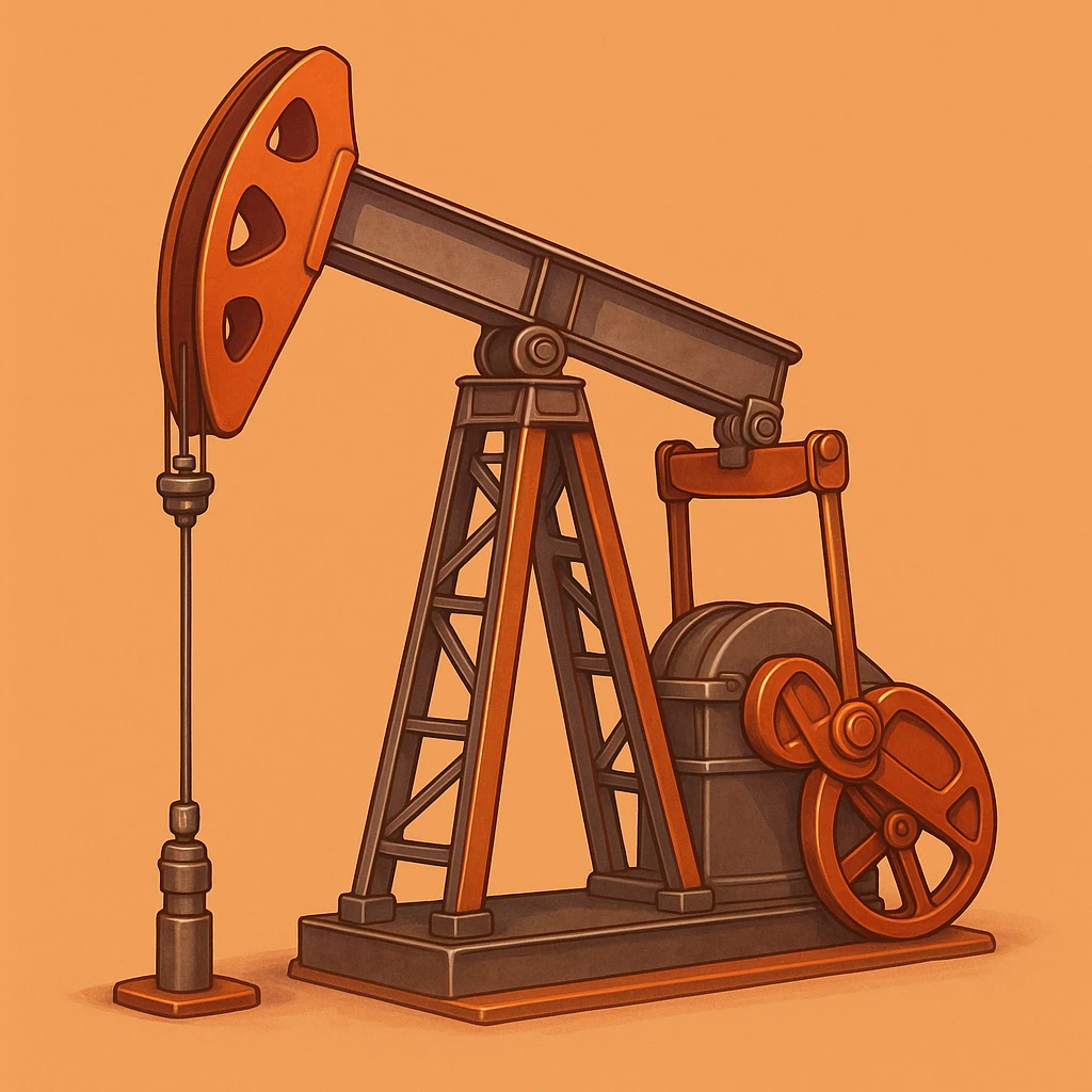 Сгенерируй мне нефтекачалку в мультяшный реалистичный стиль, мягкий тёплый свет, чистые контуры, детализировано, гладкая цифровая отрисовка, оранжево-красная цветовая палитра. На однородном фоне. Металическую emoji