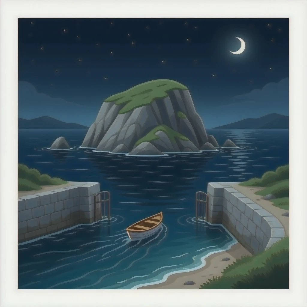 realistic - Isle of the Dead painting of Symbolist artist Arnold Böcklin,desolate and rocky islet seen across an expanse of dark water. A small rowing boat is just arriving at a water gate and seawall on shore emoji