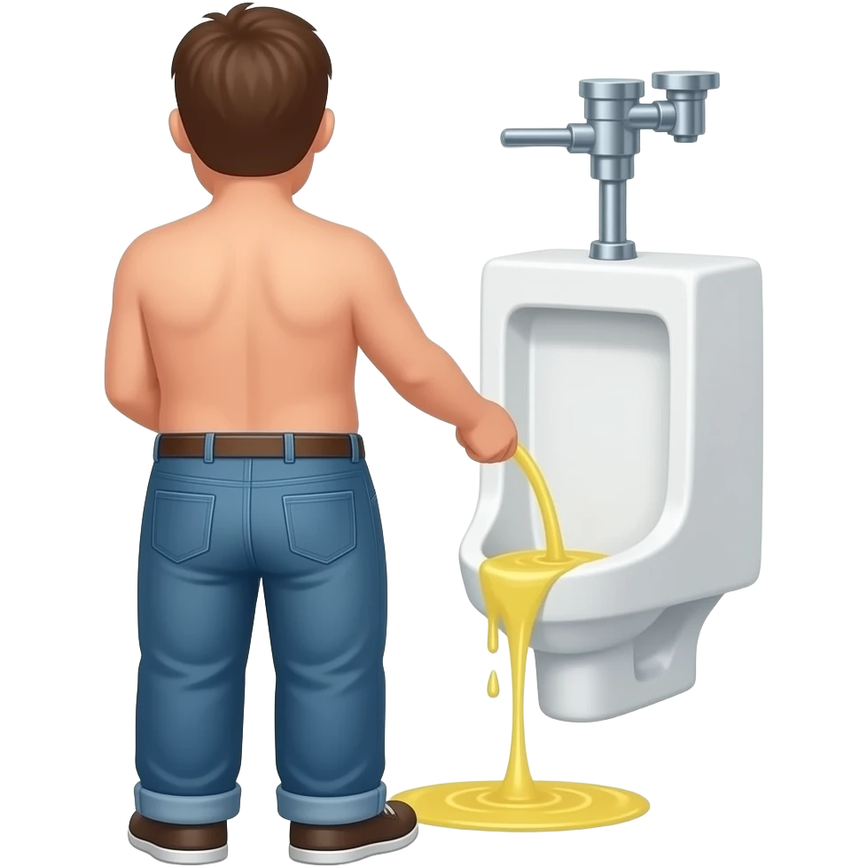 Erstelle ein Bild von einem urinal in einem öffentlichen WC, man sieht ein Mann von hinten vor einem urinal stehen und aus seiner Hose kommt ein gelber dünner Wasserstrahl der in das urinal strahlt emoji