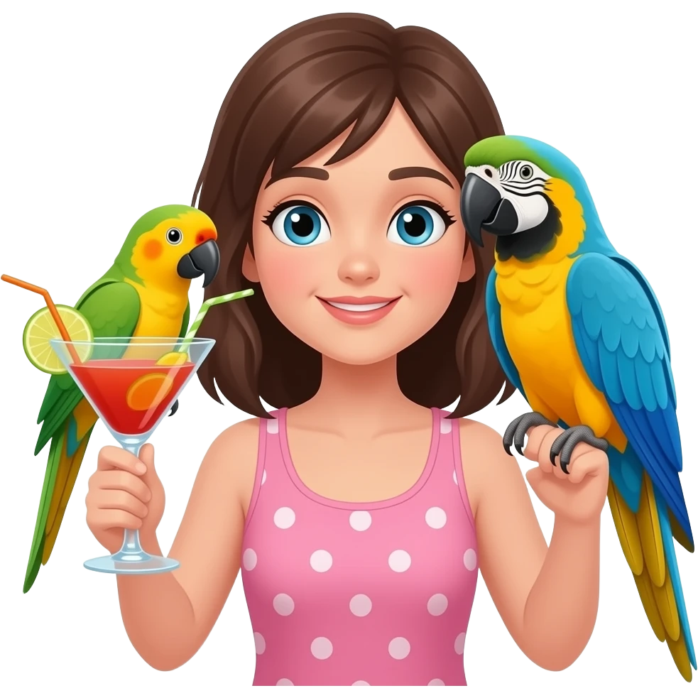 Make an emoji (girl with parrots cocktail, sunconure and blue head Amazon parrot) emoji