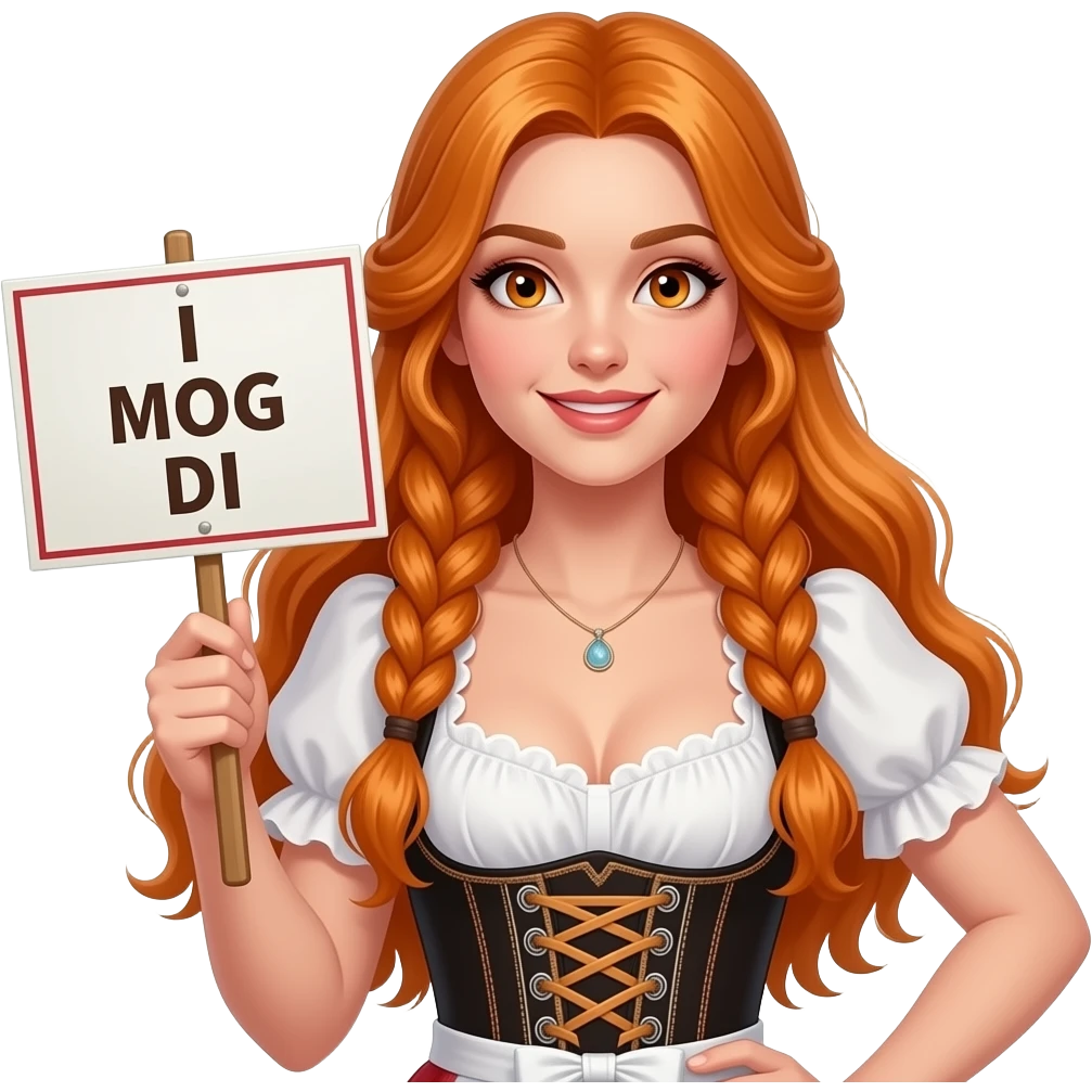 sexy girl with overlong ginger hair in braids and ginger eyes wearing a dirndl holding a I MOG DI sign emoji
