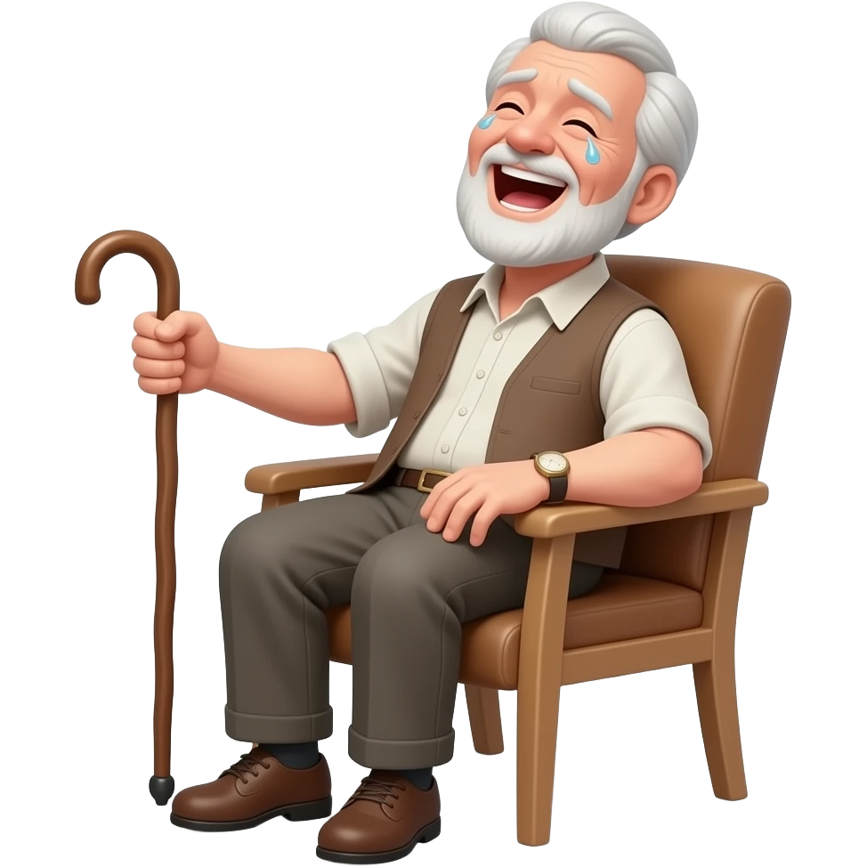 side view of an old man sitting in a chair holding a walking stick laughing with his head thrown back and tears in his eyes and his hand slapping his knee. emoji