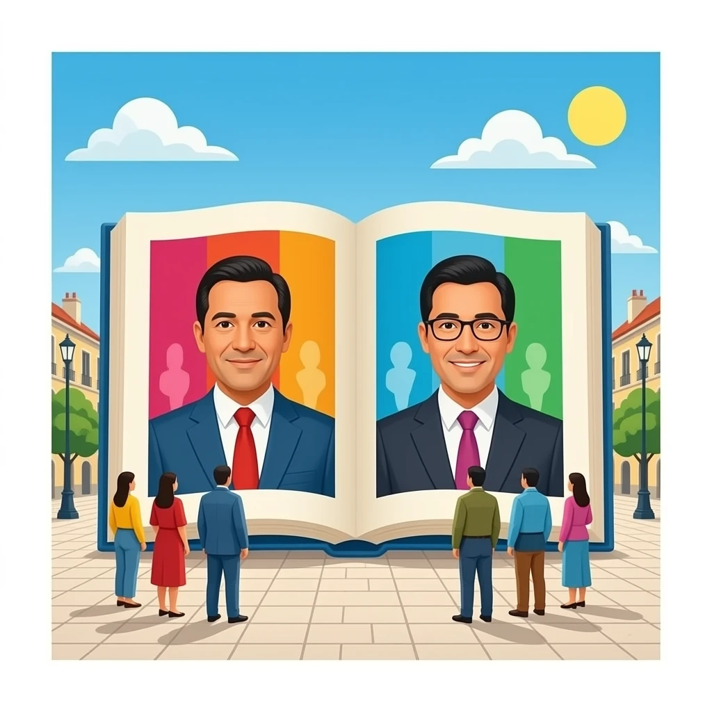 A giant open book standing in a public square, with a colorful political poster printed on its pages. A group of humble people looking at it. Graphic art style, vibrant and educational atmosphere. emoji