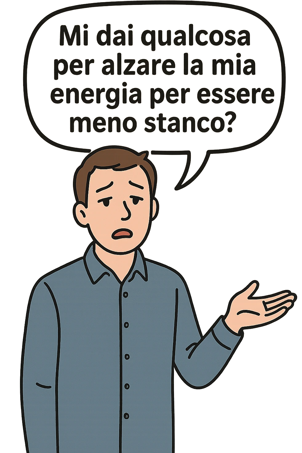 uomo che dice in una nuvoletta "mi dai qualcosa per alzare la mia energia per essere meno stanco?" emoji