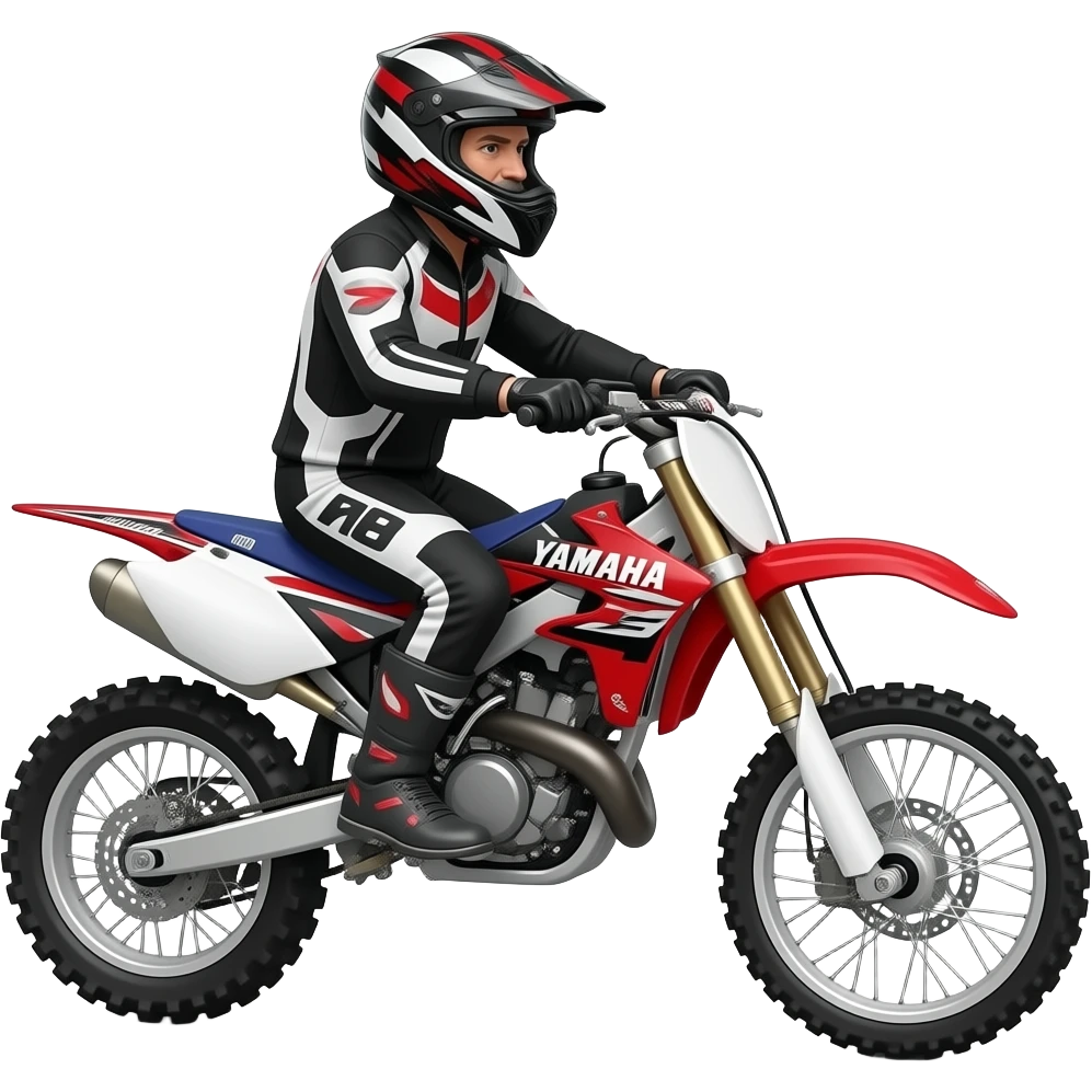 offroad Yamaha 690cc red black & white with older man with no beard in helmet riding emoji