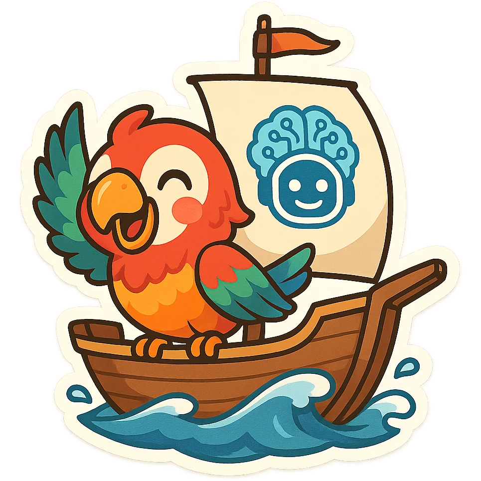 fun parrot character in a ship, with an AI/copilot logo robot head or circuit brain displayed on the ship, cheerful dynamic style emoji