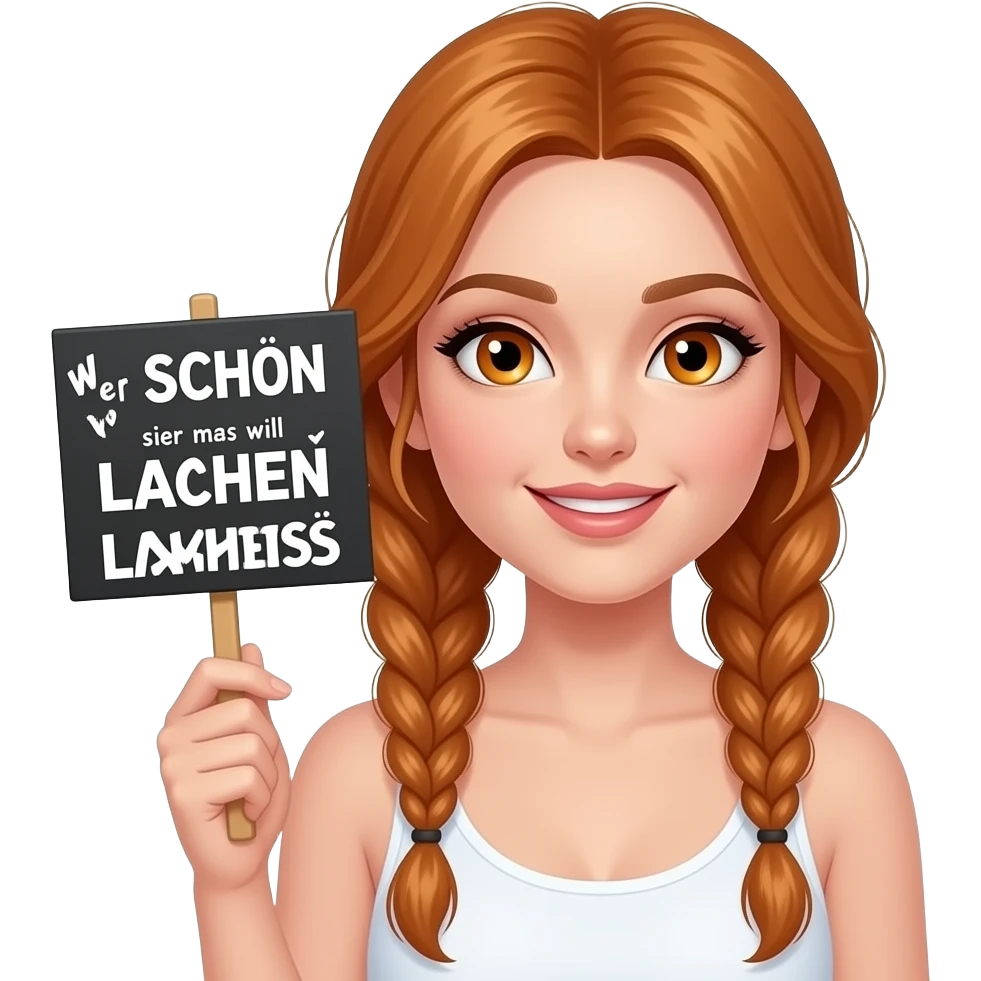 sexy girl with long ginger braids and ginger eyes wearing a white tanktop is holding a black sign with Wer SCHÖN sein will muss LACHEN written on it emoji