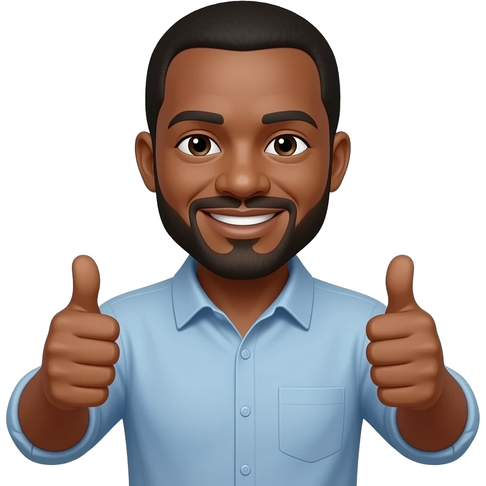 Dark skin male in his mid fifties, short beard and mustache, smiling face and two thumbs up emoji
