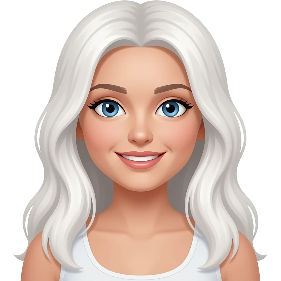 Happy girl, with long white hair, blue eyes, she is 20 year old, very pretty, light brown skin emoji