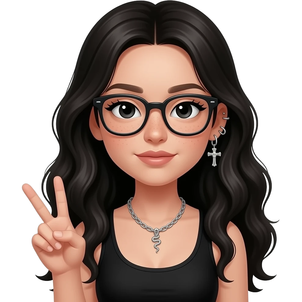 Girl in black, seated upper body, long voluminous hair, glasses, subtle freckles, black eyes with eyeliner. Chain piercings (helix to lobe, skeleton cross), tiny silver snake necklace, peace sign emoji